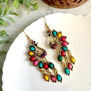 2/$30🌵Peacock Bird Earrings Rhinestone Feathers Gold Tone NEW Bollywood Gift